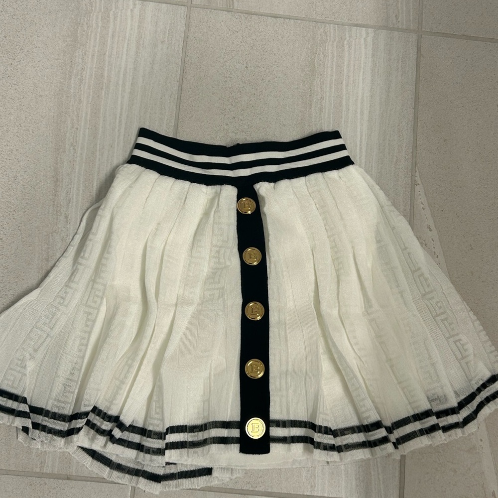 Balmain White and Black Skater Skirt with Gold Buttons